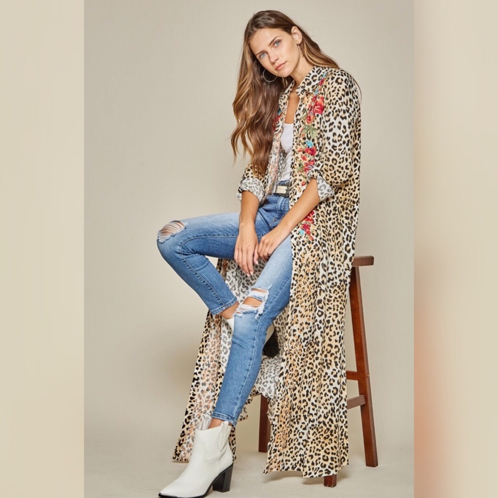 Leopard Floral Embroidered Boho Maxi Dress Duster - Picture 2 of 12